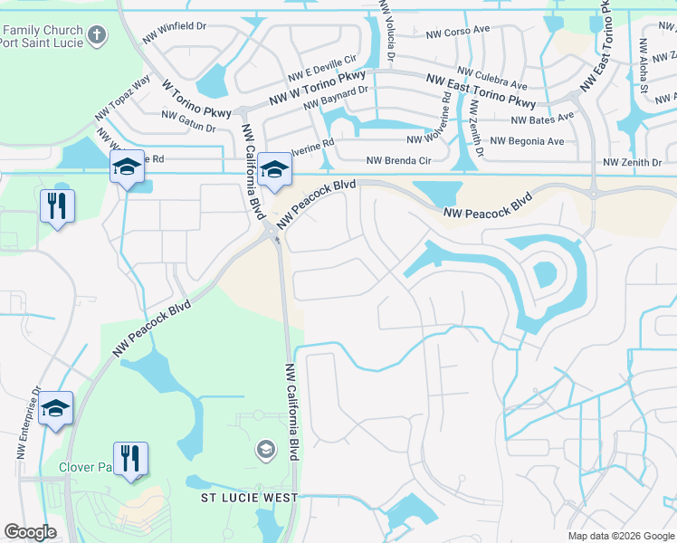 map of restaurants, bars, coffee shops, grocery stores, and more near 323 Northwest Breezy Point Loop in Port St. Lucie