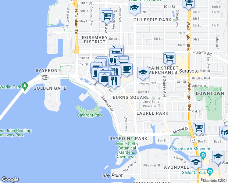map of restaurants, bars, coffee shops, grocery stores, and more near 201 South Palm Avenue in Sarasota