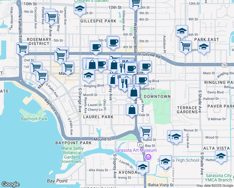 map of restaurants, bars, coffee shops, grocery stores, and more near 3 Links Avenue South in Sarasota