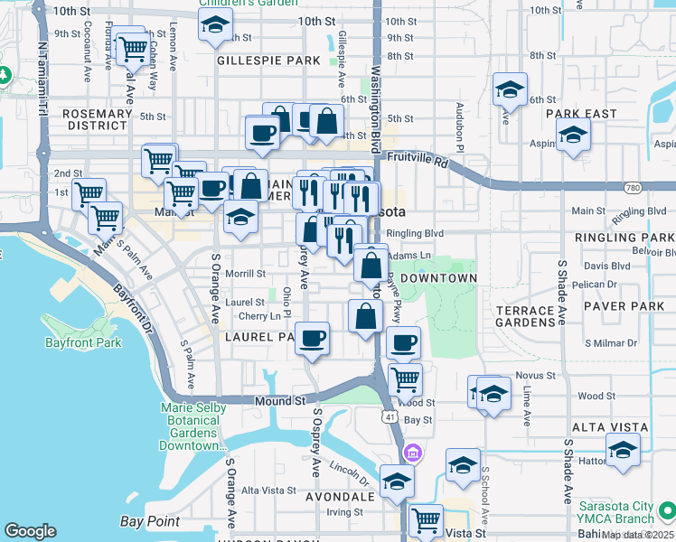 map of restaurants, bars, coffee shops, grocery stores, and more near 3 Links Avenue South in Sarasota