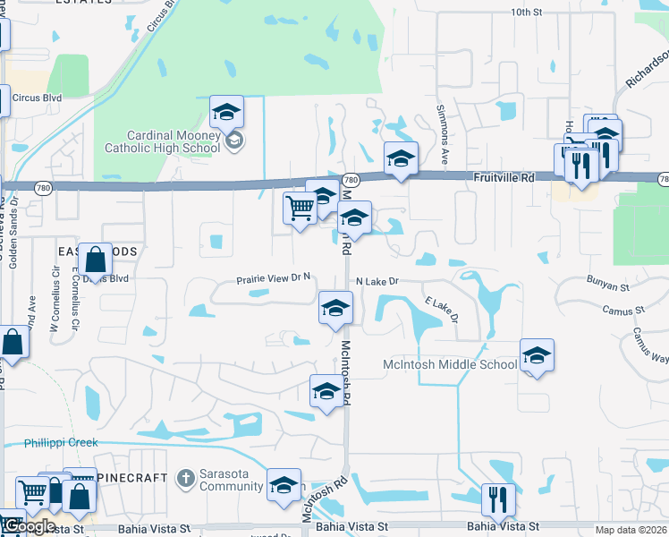 map of restaurants, bars, coffee shops, grocery stores, and more near 4380 Fruitville Road in Sarasota