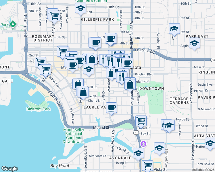 map of restaurants, bars, coffee shops, grocery stores, and more near in Sarasota