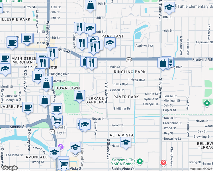 map of restaurants, bars, coffee shops, grocery stores, and more near 200 South Shade Avenue in Sarasota