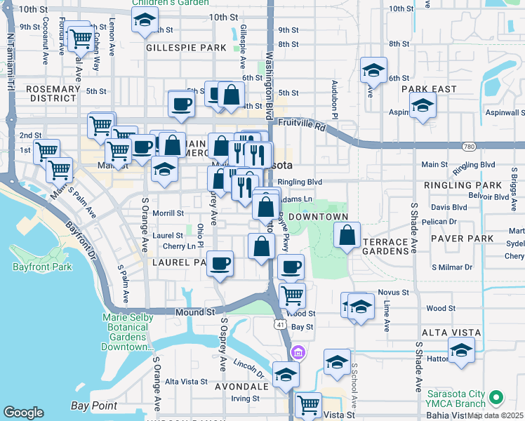 map of restaurants, bars, coffee shops, grocery stores, and more near 1974 Adams Lane in Sarasota