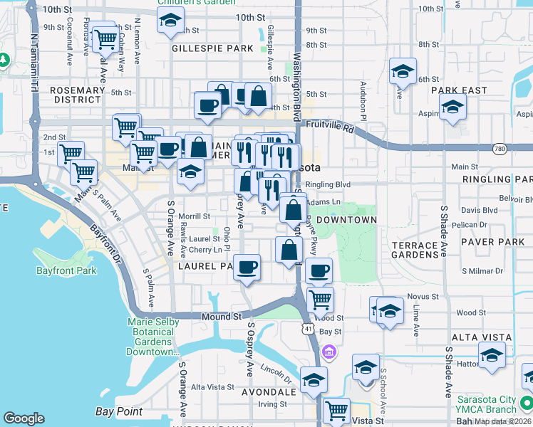 map of restaurants, bars, coffee shops, grocery stores, and more near 3 Links Avenue South in Sarasota