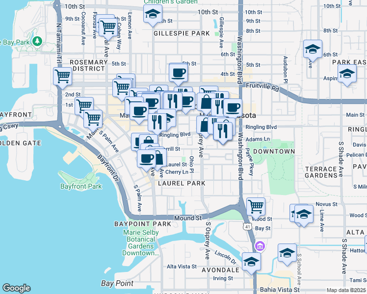 map of restaurants, bars, coffee shops, grocery stores, and more near 1710 Ringling Boulevard in Sarasota