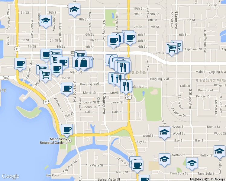 map of restaurants, bars, coffee shops, grocery stores, and more near 3 Links Avenue South in Sarasota