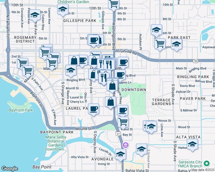 map of restaurants, bars, coffee shops, grocery stores, and more near 1974 Adams Lane in Sarasota