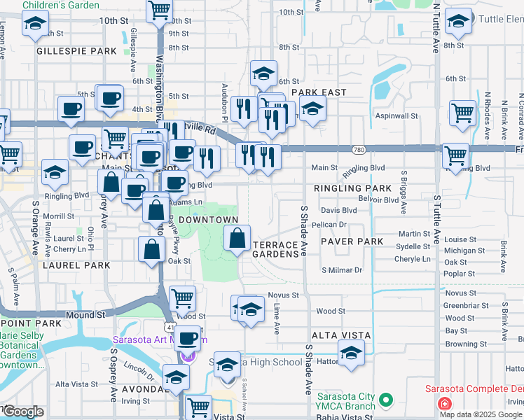 map of restaurants, bars, coffee shops, grocery stores, and more near 206 Shopping Avenue in Sarasota