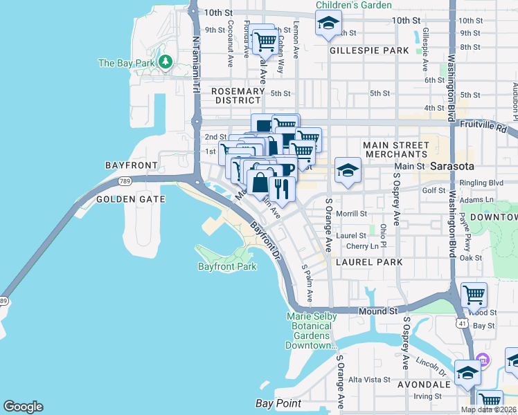 map of restaurants, bars, coffee shops, grocery stores, and more near 33 South Gulfstream Avenue in Sarasota