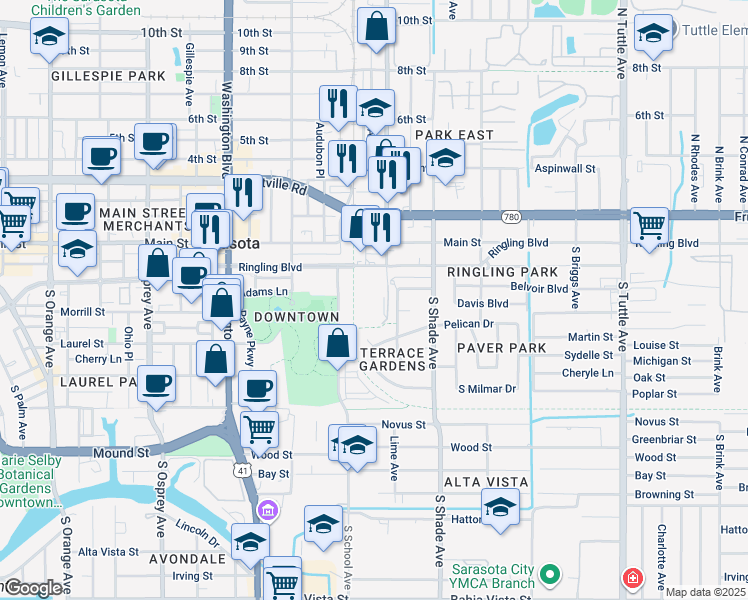 map of restaurants, bars, coffee shops, grocery stores, and more near 2260 Ringling Boulevard in Sarasota