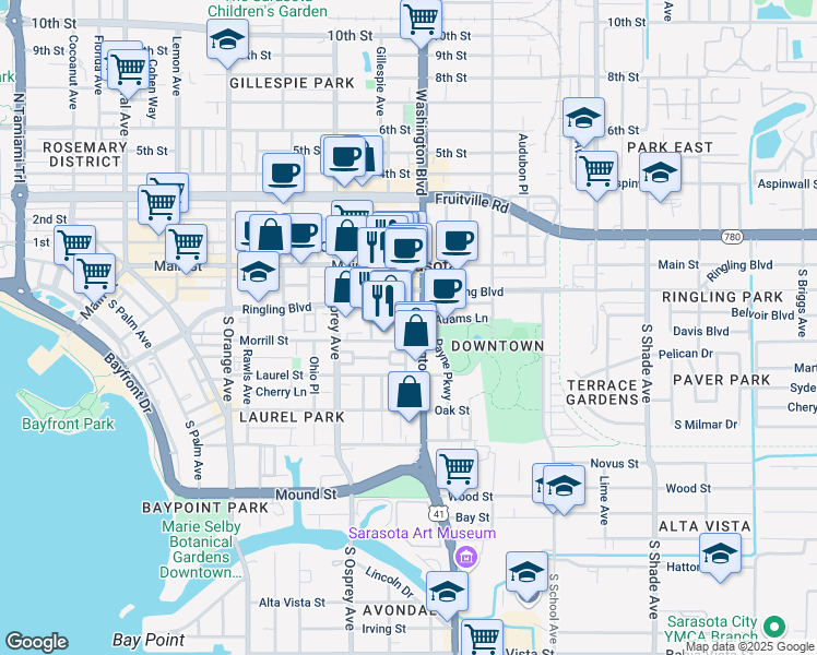 map of restaurants, bars, coffee shops, grocery stores, and more near 1974 Adams Lane in Sarasota