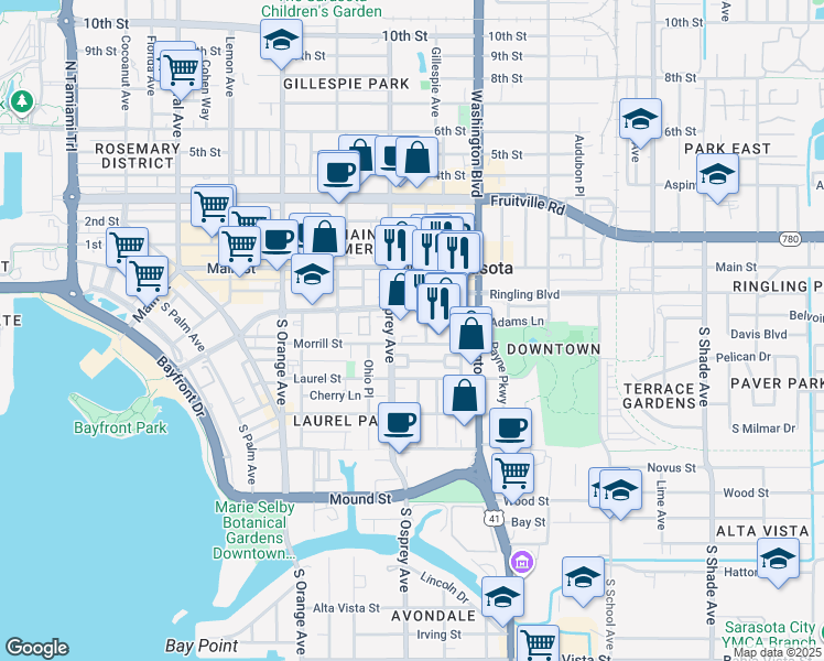 map of restaurants, bars, coffee shops, grocery stores, and more near 3 Links Avenue South in Sarasota