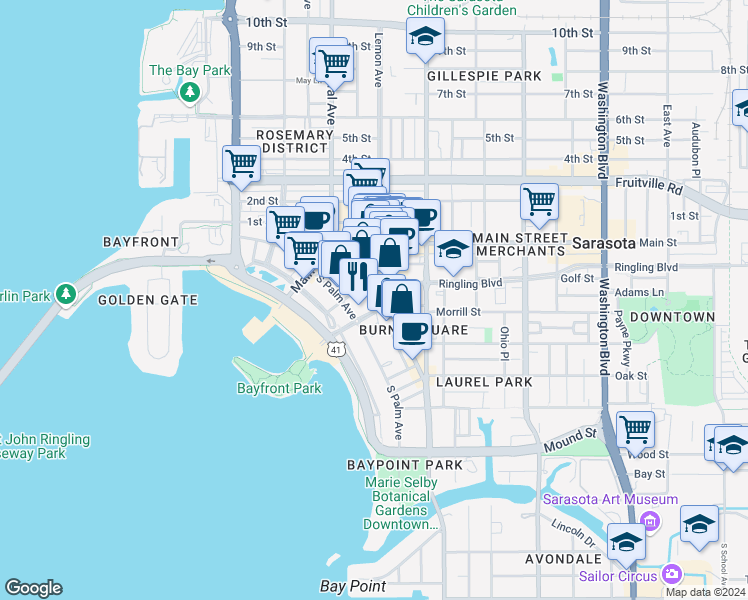map of restaurants, bars, coffee shops, grocery stores, and more near 175 South Pineapple Avenue in Sarasota