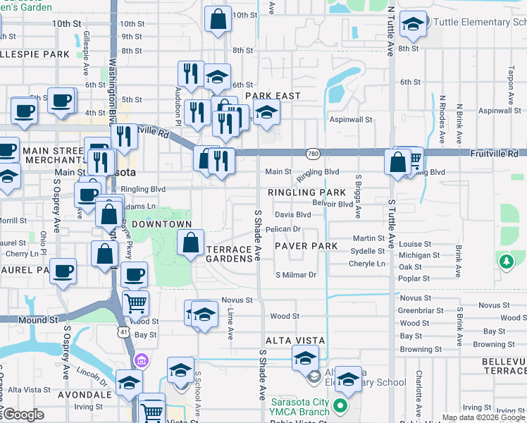 map of restaurants, bars, coffee shops, grocery stores, and more near 200 South Shade Avenue in Sarasota