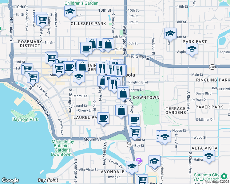 map of restaurants, bars, coffee shops, grocery stores, and more near 3 Links Avenue South in Sarasota