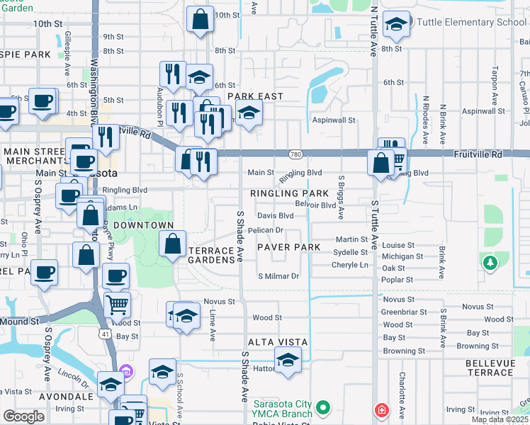 map of restaurants, bars, coffee shops, grocery stores, and more near 2451 Davis Boulevard in Sarasota