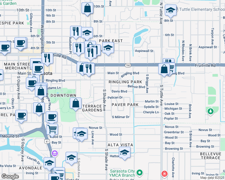 map of restaurants, bars, coffee shops, grocery stores, and more near 2451 Davis Boulevard in Sarasota