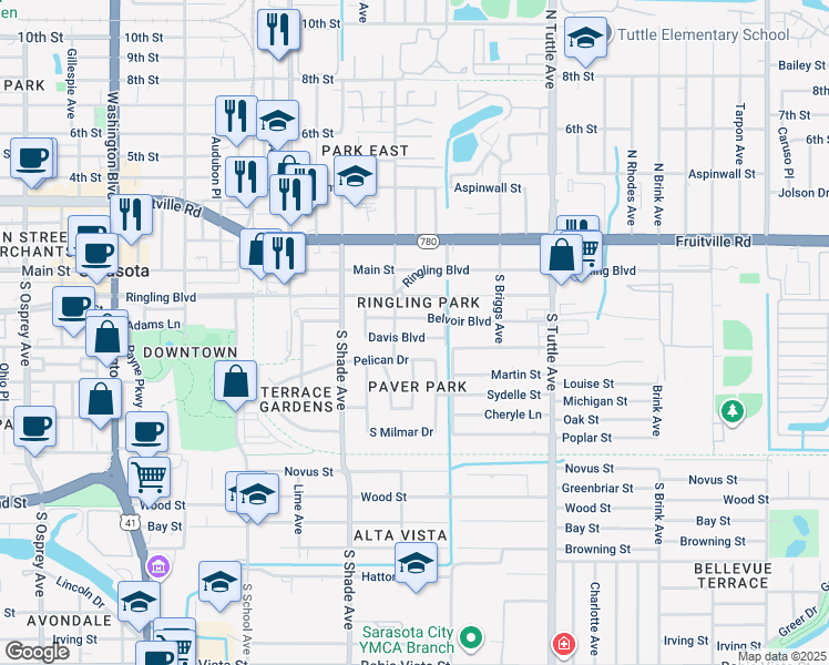 map of restaurants, bars, coffee shops, grocery stores, and more near 2533 Davis Boulevard in Sarasota