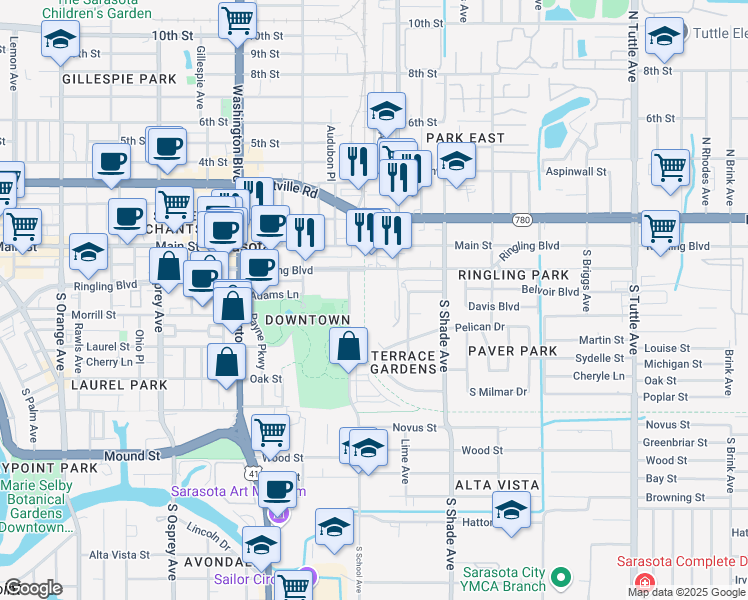 map of restaurants, bars, coffee shops, grocery stores, and more near 206 Shopping Avenue in Sarasota