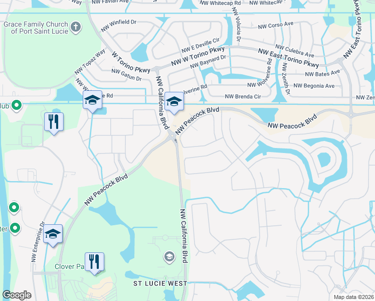 map of restaurants, bars, coffee shops, grocery stores, and more near 343 Northwest Breezy Point Loop in Port St. Lucie