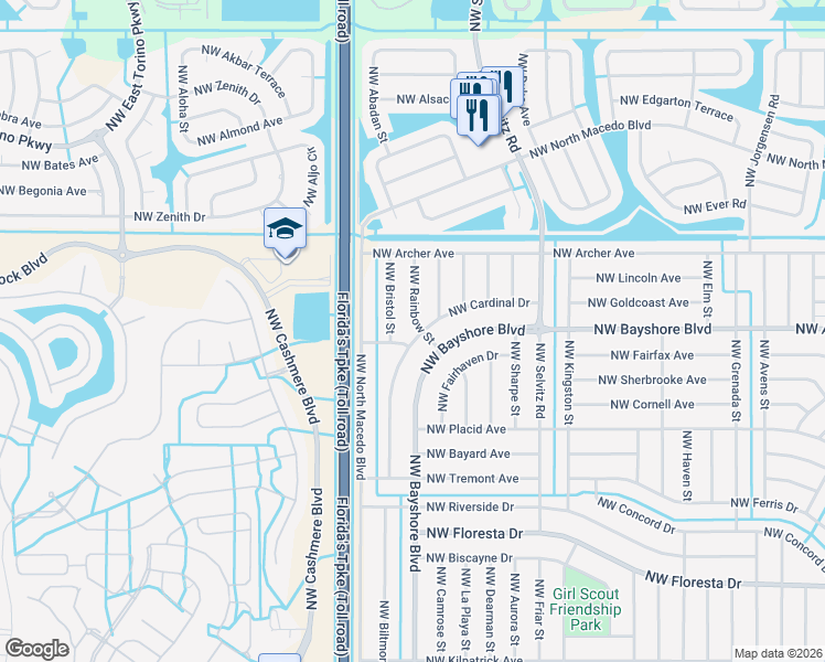 map of restaurants, bars, coffee shops, grocery stores, and more near 702 Northwest Rainbow Street in Port St. Lucie