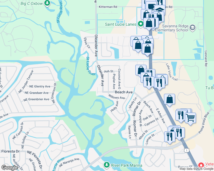 map of restaurants, bars, coffee shops, grocery stores, and more near 408 Willows Avenue in Port St. Lucie