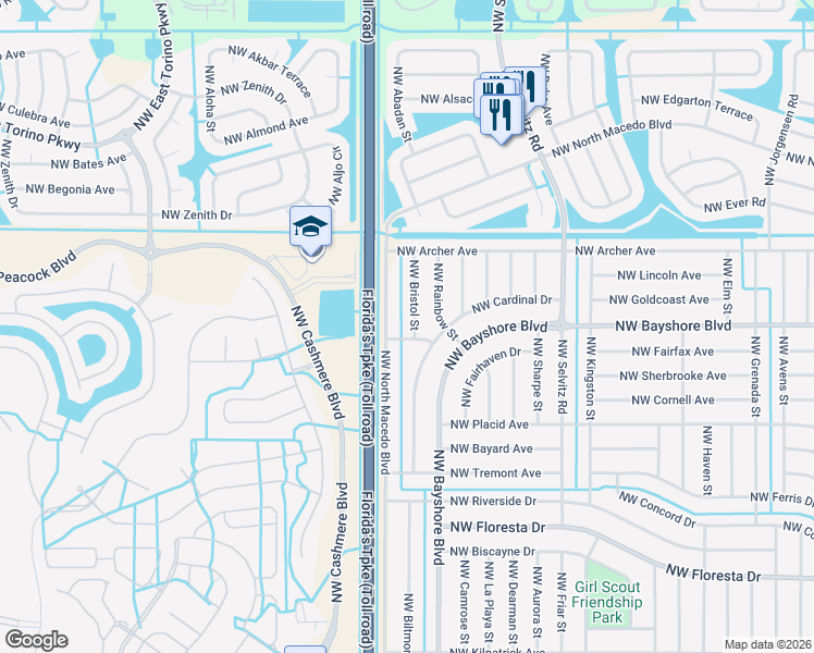 map of restaurants, bars, coffee shops, grocery stores, and more near 710 Northwest Bristol Street in Port St. Lucie