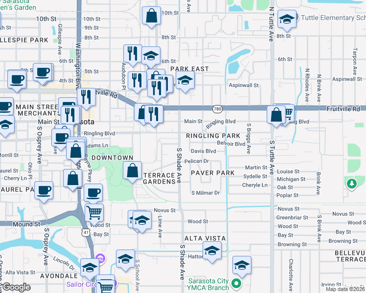 map of restaurants, bars, coffee shops, grocery stores, and more near 200 South Shade Avenue in Sarasota