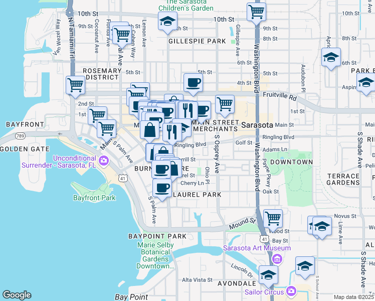 map of restaurants, bars, coffee shops, grocery stores, and more near 1660 Ringling Boulevard in Sarasota