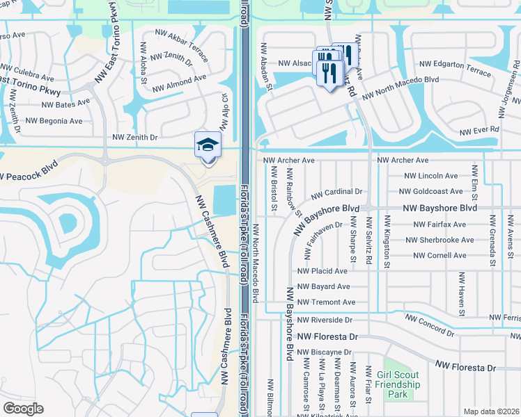 map of restaurants, bars, coffee shops, grocery stores, and more near 710 Northwest Bristol Street in Port St. Lucie