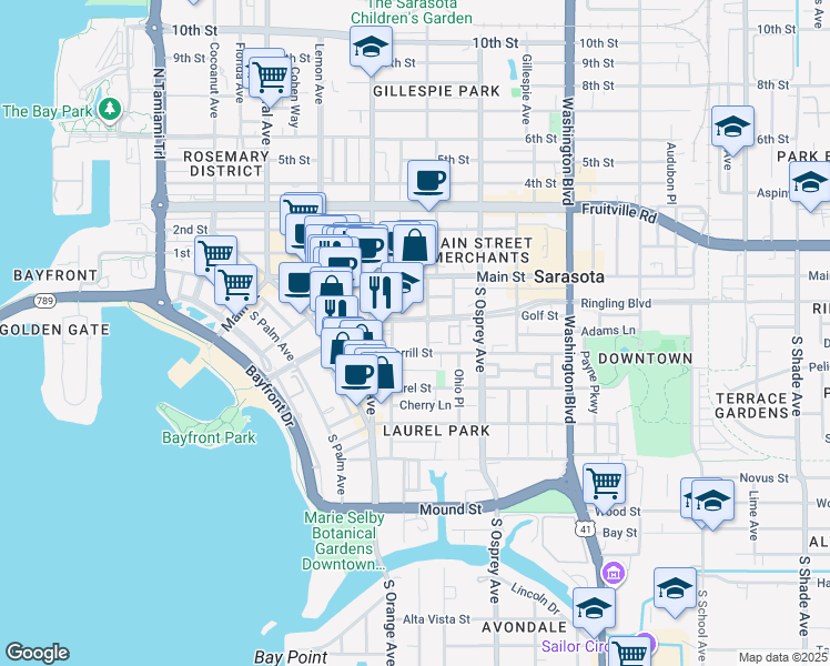 map of restaurants, bars, coffee shops, grocery stores, and more near 1660 Ringling Boulevard in Sarasota