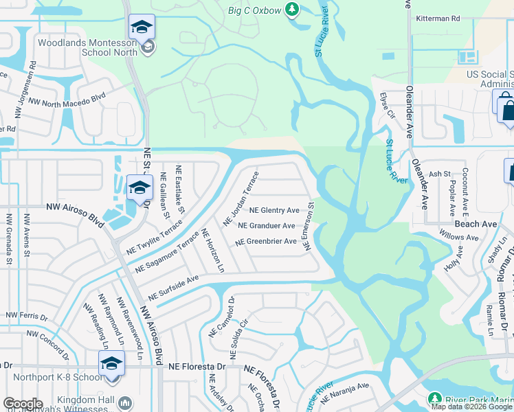 map of restaurants, bars, coffee shops, grocery stores, and more near 281 Northeast Glentry Avenue in Port St. Lucie