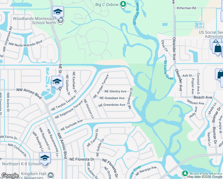 map of restaurants, bars, coffee shops, grocery stores, and more near 281 Northeast Glentry Avenue in Port St. Lucie