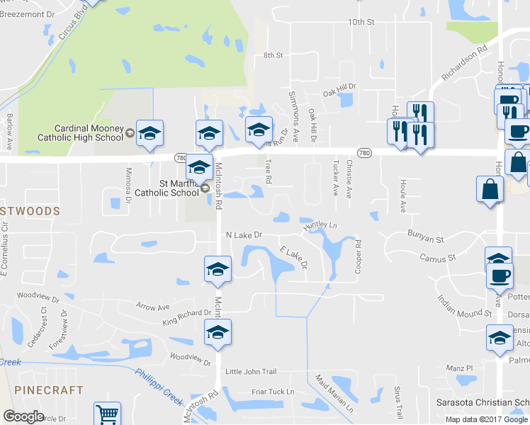 map of restaurants, bars, coffee shops, grocery stores, and more near 4449 McIntosh Park Drive in Sarasota