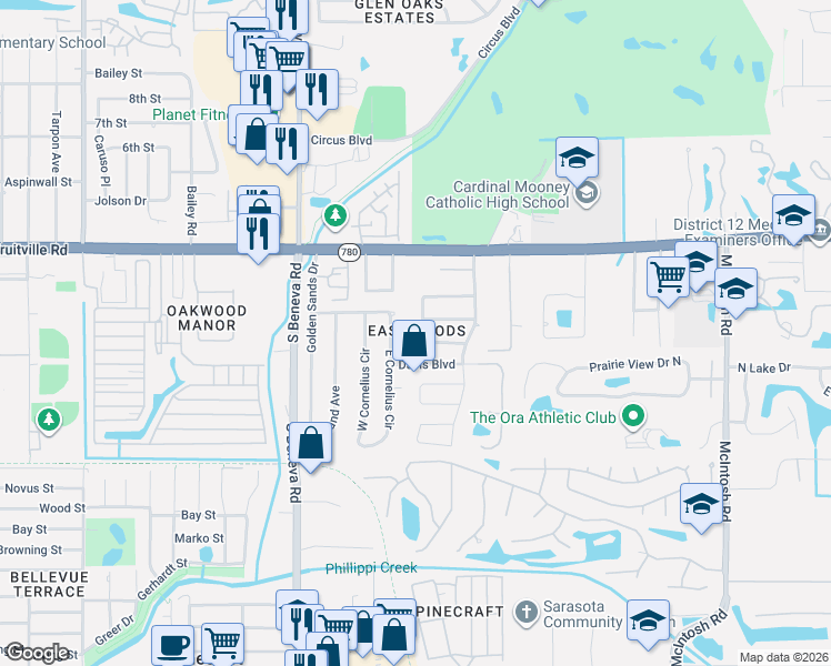 map of restaurants, bars, coffee shops, grocery stores, and more near 269 Hoosier Place in Sarasota