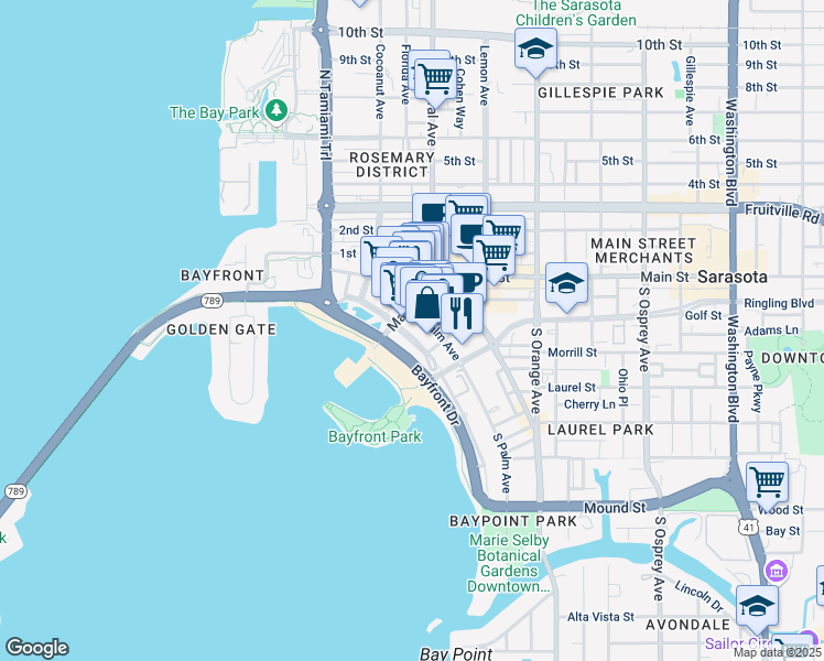 map of restaurants, bars, coffee shops, grocery stores, and more near 33 South Gulfstream Avenue in Sarasota