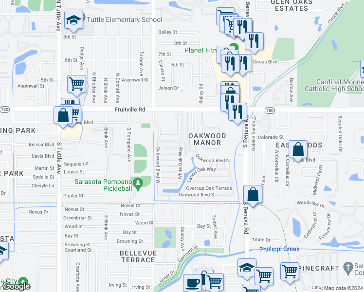 map of restaurants, bars, coffee shops, grocery stores, and more near 113 White Oak Way in Sarasota