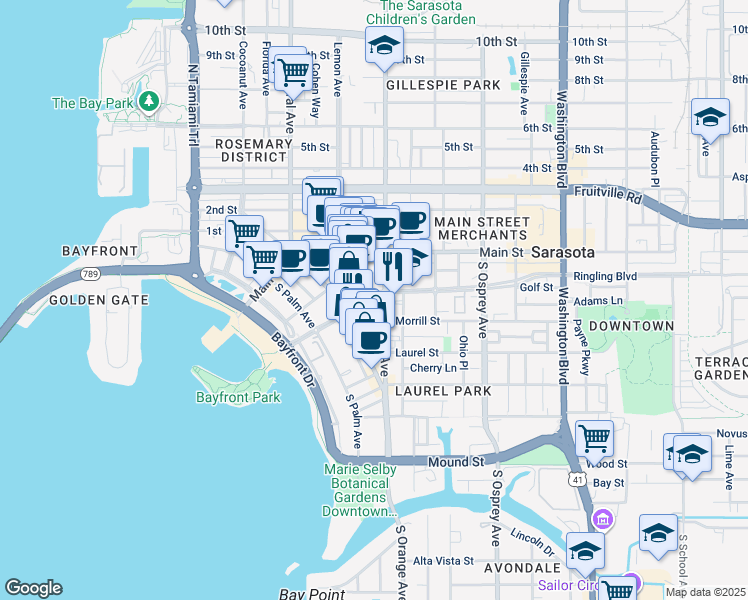 map of restaurants, bars, coffee shops, grocery stores, and more near 200 South Orange Avenue in Sarasota