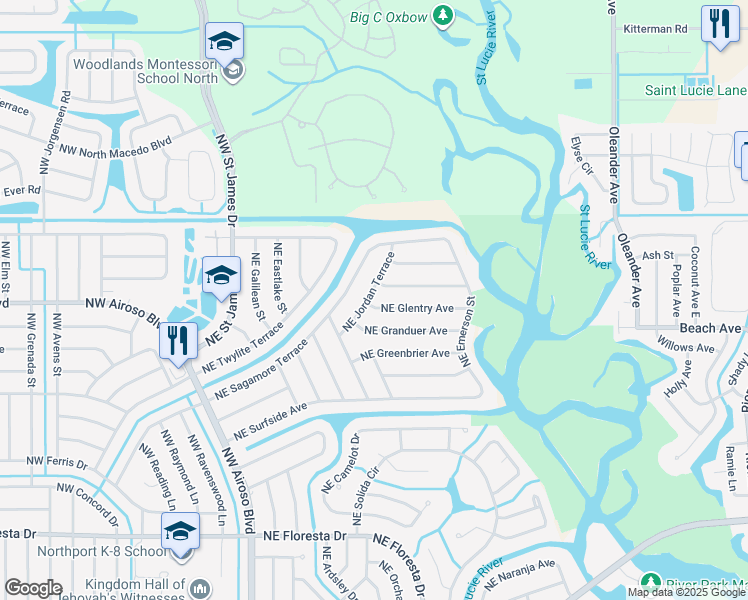 map of restaurants, bars, coffee shops, grocery stores, and more near 201 Northeast Glentry Avenue in Port St. Lucie