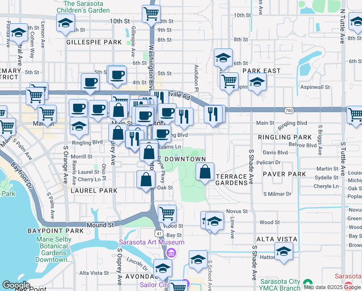 map of restaurants, bars, coffee shops, grocery stores, and more near 2099 East Avenue in Sarasota