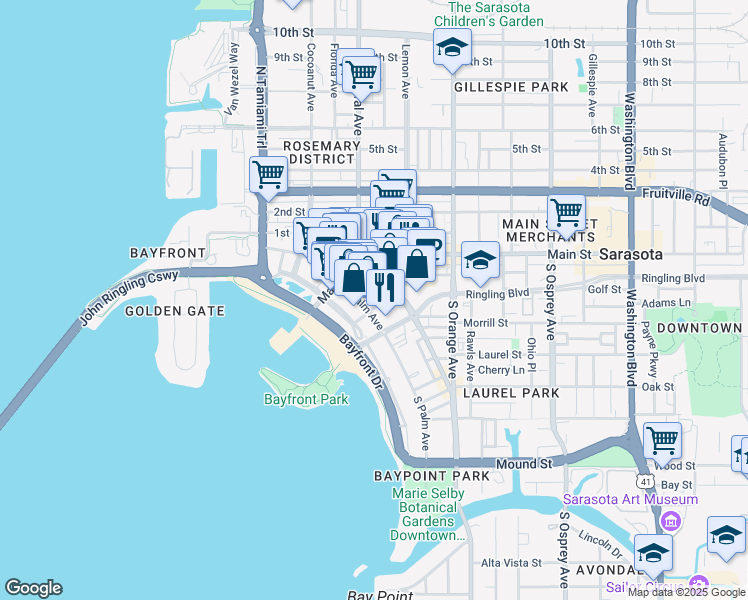 map of restaurants, bars, coffee shops, grocery stores, and more near 136 Mira Mar Court in Sarasota