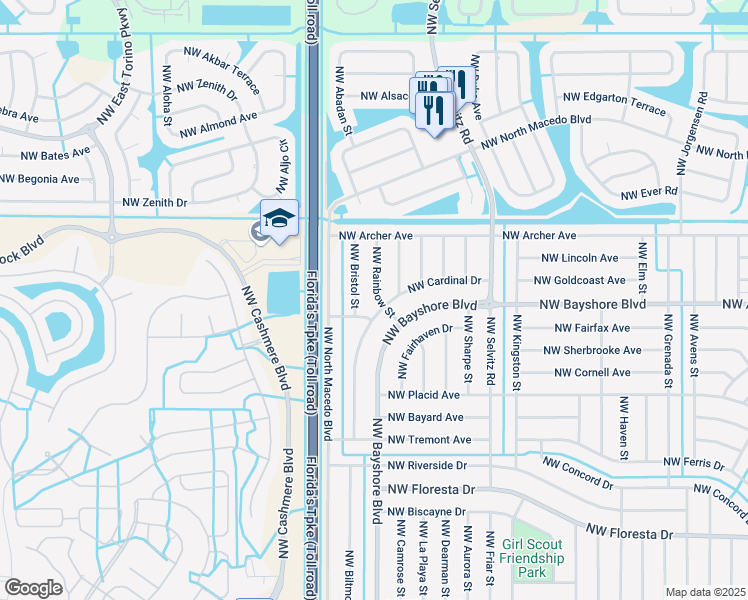 map of restaurants, bars, coffee shops, grocery stores, and more near 710 Northwest Rainbow Street in Port St. Lucie