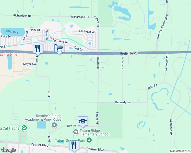 map of restaurants, bars, coffee shops, grocery stores, and more near 154 Tatum Road in Sarasota