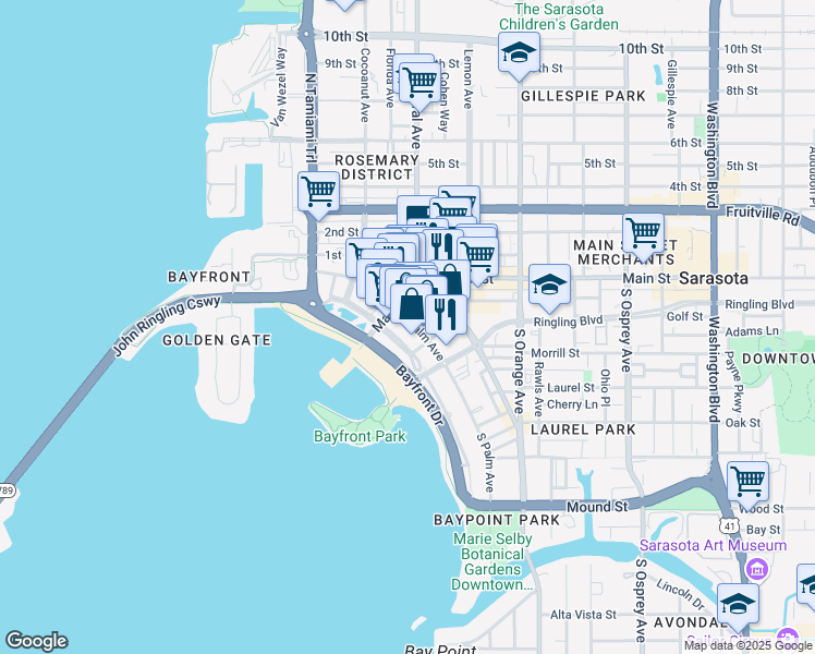 map of restaurants, bars, coffee shops, grocery stores, and more near 33 South Gulfstream Avenue in Sarasota