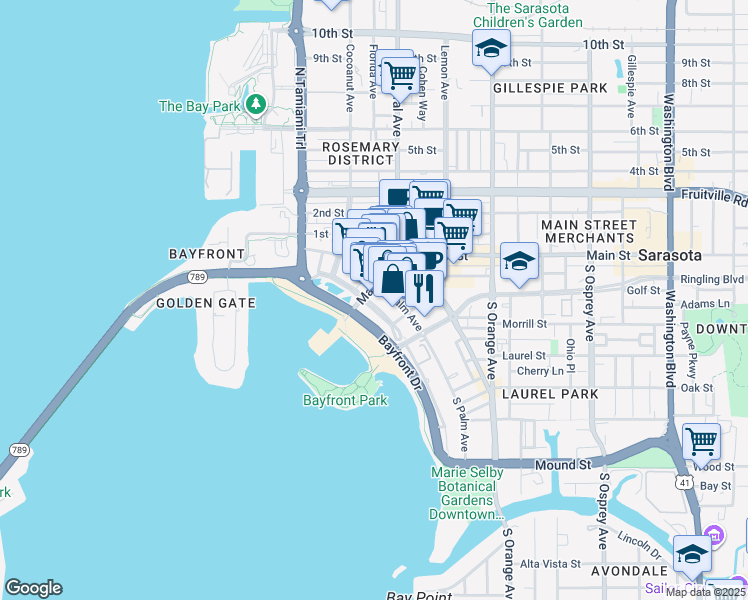 map of restaurants, bars, coffee shops, grocery stores, and more near 33 South Gulfstream Avenue in Sarasota