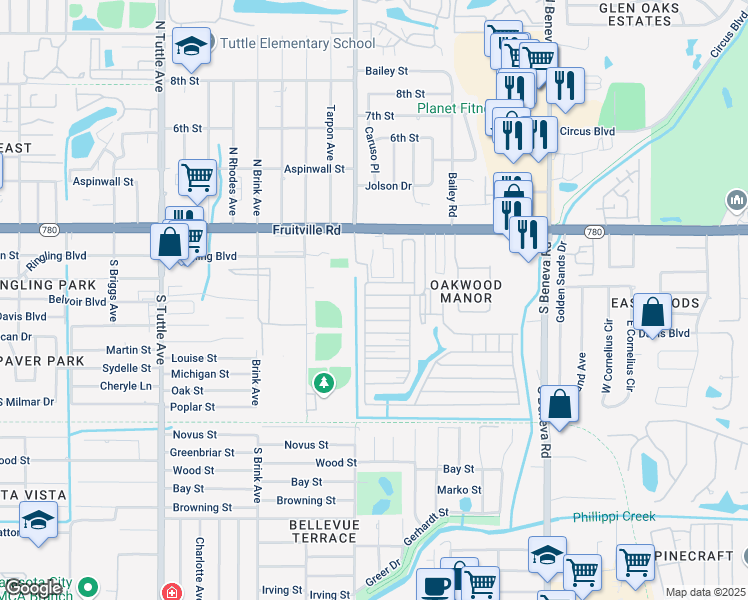 map of restaurants, bars, coffee shops, grocery stores, and more near 3219 Banyan Terrace in Sarasota