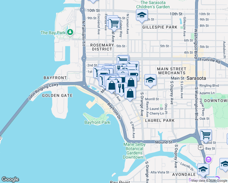 map of restaurants, bars, coffee shops, grocery stores, and more near 79 South Palm Avenue in Sarasota