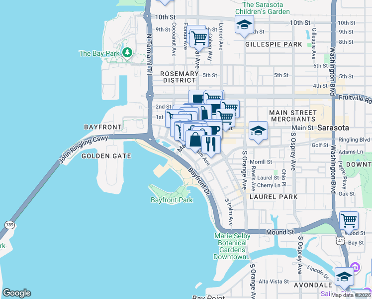 map of restaurants, bars, coffee shops, grocery stores, and more near 33 South Gulfstream Avenue in Sarasota