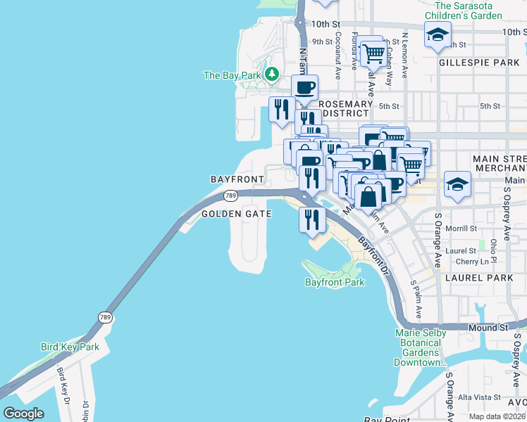 map of restaurants, bars, coffee shops, grocery stores, and more near 632 Golden Gate Point in Sarasota